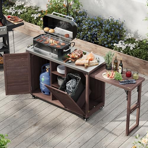 Merax 78.3" Outdoor Kitchen Island with Foldable Grill Table, Wooden Outdoor Grill Cart with Trash Can Storage & Stainless Steel Top, Outdoor Bar Cart, Pizza Oven Table for Lawn & Garden, Dark Brown by Merax
