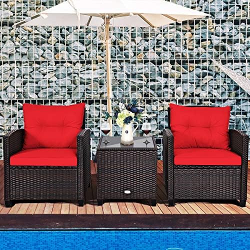 Tangkula 3 Pieces Patio Furniture Set, PE Rattan Wicker 3 Pcs Outdoor Sofa Set w/Washable Cushion and Tempered Glass Tabletop, Conversation Furniture for Garden Poolside Balcony (Red) - Image 2