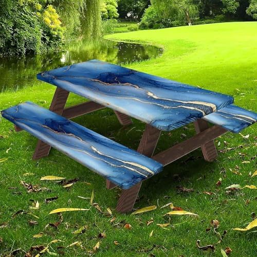 CAPSCEOLL Picnic Table Cover with Bench Covers 8ft - Dark Blue Marble - Image 6