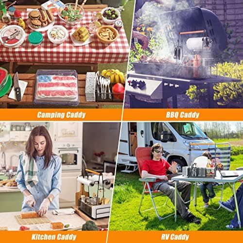 PHINOX Utensil Caddy Picnic Organizer with Handle Plates Napkins Black - Image 6