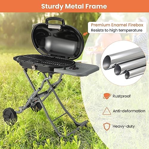 Giantex Portable Propane Gas Grill with 15,000 BTUs Burner, Side Table, 2 Wheels, Grease Tray, Metal Frame, Folding Stand-Up Propane Gas Grill for Outdoor Cooking Camping Barbecue (Black) - Image 5