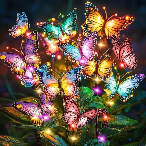 Solar Lights Outdoor Garden Decor: 2 Pack Colorful LEDs Butterfly Lights by NFEVER