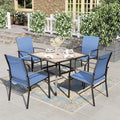 HERA'S HOUSE Patio Dining Set for 4, Wood-Look Metal Table, Blue Chair by HERASHOUSE