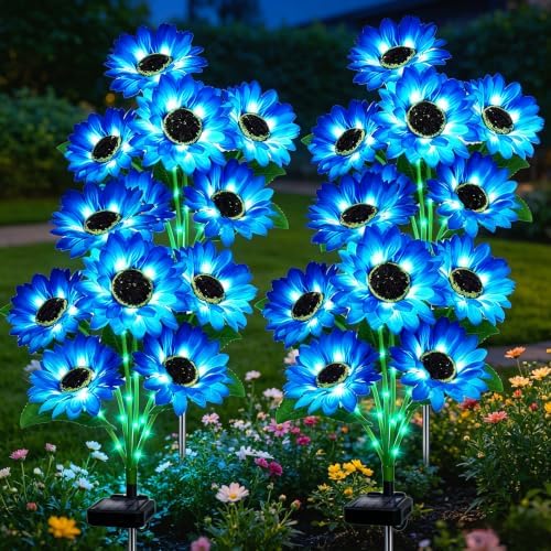 Solar Sunflower Lights Outdoor Garden Decor, 4 Pack Solar Blue Flowers Lights with 24 Sunflowers, Waterproof Fall Decor Stake Decorative Light Auto ON/Off for Garden Yard Patio, Gift for Women by stadeco