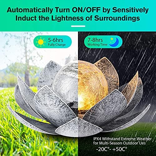 Huaxu Solar Lights Outdoor Garden, Crackle Globe Glass Lotus Decor, Waterproof LED Metal Flower Decorations for Patio,Lawn,Walkway,Tabletop,Ground - Image 3