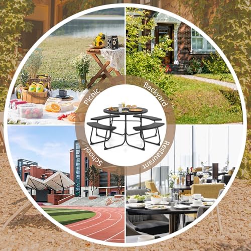 COSTWAY Round Outdoor Picnic Table with Bench Set for 4-8 People (Black) - Image 4
