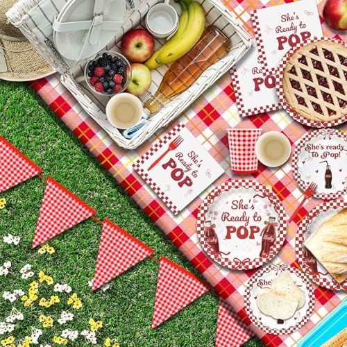 She's Ready to Pop Party Decorations 25 Guests，125 Pcs Baby Shower Paper Plates Napkins Forks Set Tableware，Disposable Red Gingham Paper Plates Set for Camping, Picnic, Baby Shower Party Decoration - Image 6