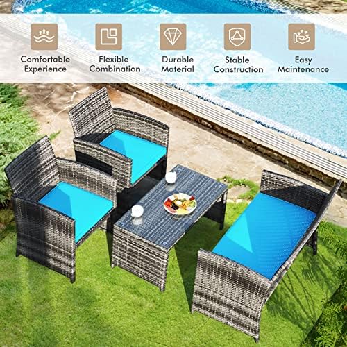 Goplus 4-Piece Rattan Patio Furniture Set, Outdoor Wicker Conversation Sofa with Weather Resistant Cushions and Tempered Glass Tabletop for Lawn Backyard Pool Garden (Turquoise) - Image 2