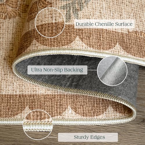 3x5 Floral Entry Rug - Small Washable Indoor Outdoor Mats for Front Door Non-Slip Jute-Look Porch Rug Boho Tan Scalloped Throw Rugs for Living Room Bedroom Entryway Kitchen Office Porch Decor - Image 3