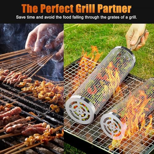 Rolling Grilling Baskets for Outdoor Grill, 2 Pcs BBQ Grill Basket, Stainless Steel Barbeque Grill accessories set, Camping Picnic Cooking Tools for Vegetable/Shrimp/Chicken, Gifts for Men Dad Husband - Image 3