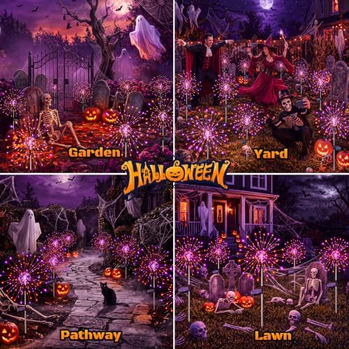 btfarm 4 Pack Solar Halloween Lights Outdoor, Orange Purple Firework Light - Image 5