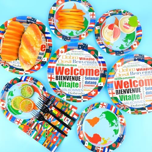 International Flags Welcome Party Plates Napkins Forks World Flags Tableware Around the World Globe Dinnerware Travel Trip Supply for Sports Events Club Classroom Birthday Parties Decoration Serve 24 - Image 5