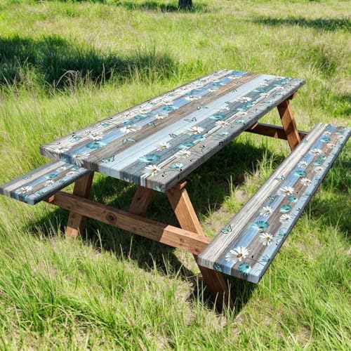 Floral Picnic Table Cover with Bench Covers, Camping Essentials, Wooden Flower Butterfly Waterproof Windproof, Fitted Tablecloth Cover with Elastic Edge, for Indoor, Outdoor, 3 PCS, 30x72 Inch - Image 2