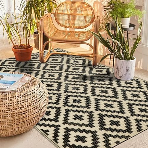 SAND MINE Reversible Mats, Plastic Straw Rug, Modern Area Rug, Large Floor Mat and Rug for Outdoors, RV, Patio, Backyard, Deck, Picnic, Beach, Trailer, Camping (3' x 5', Black & Beige Lattice) - Image 5
