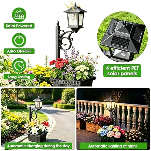 Melunar 1 Pack 2-in-1 Outdoor Flower Pot, Solar Post Lamp Waterproof, Solar Lamp Post Light, Wall Mount or Freestanding, Outdoor Decorative Lamp for Garden, Patio, Front Porch, Back Door, Warm White - Image 4