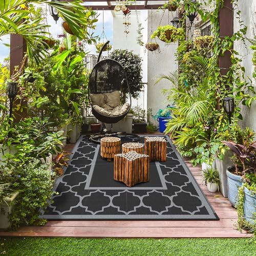 GENIMO Outdoor Rug, Waterproof Plastic Rugs for Patio, 6'x9' Black Gray - Image 3