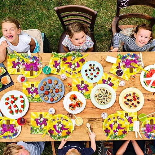 Wiooffen 96 Pcs Easter Tableware Set He is Risen Plates Happy Easter Party Plates Easter Religious Plates and Napkins Paper Plates Napkins Forks for 24 Guests - Image 5