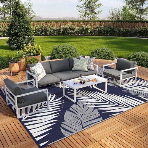 GENIMO Outdoor Rug, Waterproof Plastic Rugs 9'x18' for Camping Blue White - Image 4