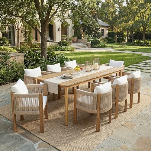 Christopher Knight Home Matera Acacia Wood Outdoor Dining Set for 8, 9 Piece Patio Dining Table and Chair Set, Wooden Outdoor Dining Armchair and Table Set with Removable Cushion, Light Teak+Beige by ChristopherKnightHome