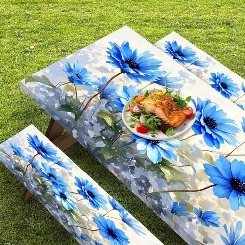 CAPSCEOLL Fitted Picnic Table Cover with Bench Covers 6ft - Blue Flowers - Image 5