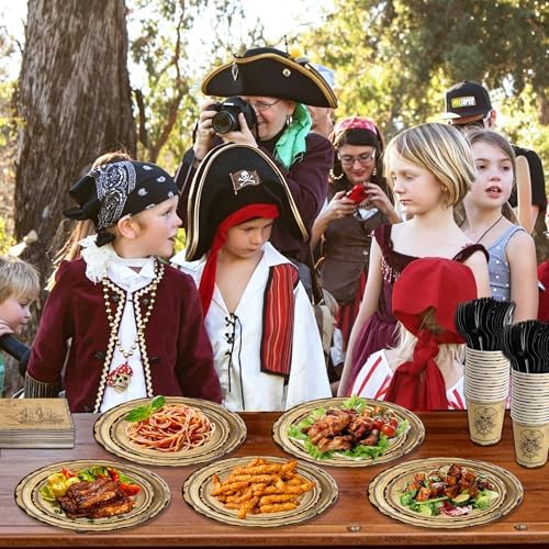 144 Pcs Pirate Tableware Set for 24 Guests, Heavy-Duty 7" & 9" Paper Plates, Cups, 2-Ply 13" Napkins & Plastic Forks, Disposable Treasure Map Theme Party Supplies - Image 4