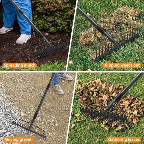 Garden Leaf Rake with 77 Inch Handle, Heavy Duty 17 Inch Wide Metal Garden Lawn Rake for Loosening Soil Raking Leaf Leveling Rocks Spreading Mulch Gravel, Rustproof Metal Bow Rakes Garden Tools - Image 6