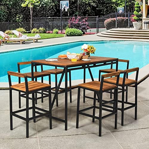 HAPPYGRILL 7 Piece Patio Bar Table Set with Umbrella Hole Acacia Wood High-Dining Bistro Set with 6 Bar Stools, PE Wicker Outdoor Bar Set for Backyard Patio and Poolside - Image 3