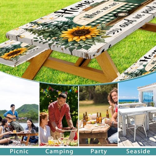 Picnic Table Cover with Bench Covers Camping Essentials Green Checkered RV Forest Sunflower Wooden Outdoor Table Covers with Elastic Waterproof Camping Tablecloth for Indoor & Outdoor 3 PCS 30x60 Inch - Image 3