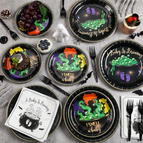 125Pcs Halloween Baby Shower Tableware, A Baby is Brewing Paper Plates Napkins Forks|Spooky Cauldron & Footprint Design, for Halloween Gender Reveal Bash Celebration - Image 5