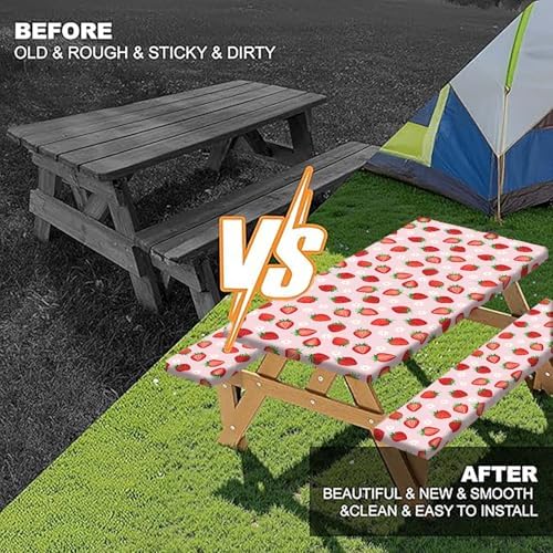 Strawberry Picnic Table Cover with Bench Covers and Bag, Camping Essentials, Berry Waterproof Windproof, Fitted Tablecloth Cover with Elastic Edge for Outdoor Garden 3 PCS 30x60 Inch - Image 4