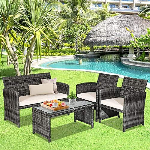 Goplus 4-Piece Rattan Patio Furniture Set, Outdoor Wicker Conversation Sofa with Weather Resistant Cushions and Tempered Glass Tabletop for Lawn Backyard Pool Garden (Beige) - Image 6