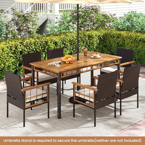 Tangkula 7 Pieces Wicker Patio Dining Set, Outdoor Acacia Wood Rectangular Table with 1.97” Umbrella Hole and Cushioned Chairs, Outside Conversation Furniture Set for Deck, Garden and Backyard - Image 2