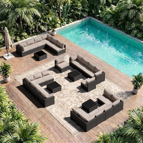 Patio Furniture Set - All-Weather - 7 Piece Patio Outdoor Conversation Set, Modular Wicker Rattan Sectional Sofa for Backyard, Garden, Poolside, Balcony, Porch, Patio,Black/Khaki - Image 6