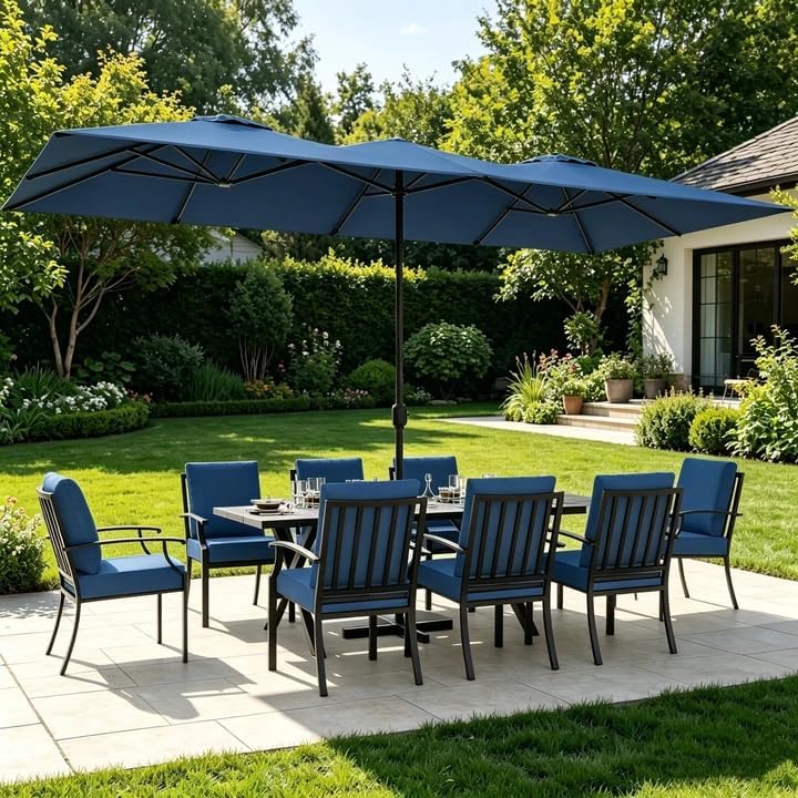 ALAULM 9-Piece Patio Dining Set with 14FT Patio Umbrella,Outdoor Dining Set with 8 Metal Chairs & Rectangle Table with1.5 Umbrella Hole, Patio Dining Table and Chairs for Backyard,Poolsid-DarkBlue by ALAULM