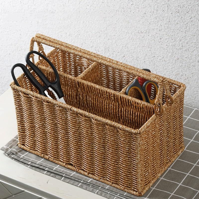 Imitation Rattan Woven Portable Tool Basket Outdoor Picnic Seasoning Bottles Divided Storage Basket - Image 4