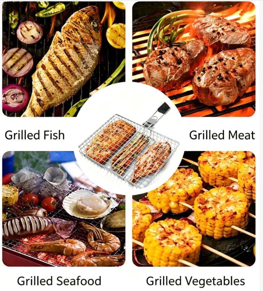 BBQ Grill Basket, 430 Food Grade Stainless Steel Lockable Fish Grill Basket with Removable Handle, Portable Grilling Rack for Whole Fish, Steak, Shrimp and Vegetables, Outdoor Camping Barbecue - Image 6