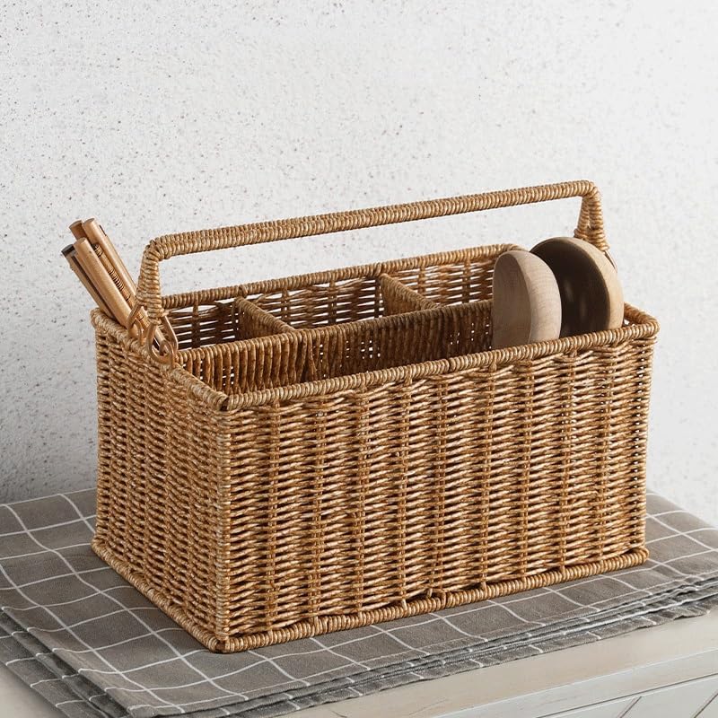 Imitation Rattan Woven Portable Tool Basket Outdoor Picnic Seasoning Bottles Divided Storage Basket - Image 3